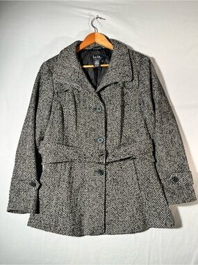 Nicole Miller Black & White Herringbone Belted Pea Coat - Size XL